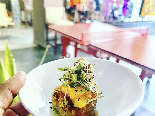 Tuna tostada bite with mango and micro greens — Private Chef Los Cabos